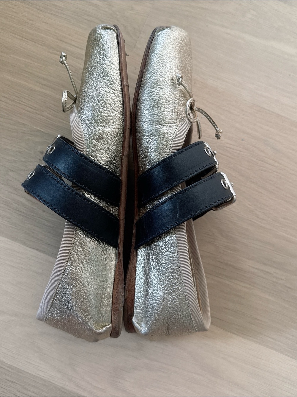 RARE Miu Miu Metallic Leather Ballet Flats with Buckled Straps & Ribbon Laces - Picture 8 of 12
